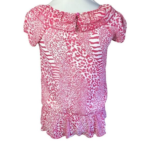 Tempted Blouse Pink White Animal Print Ruffled Layered Scoop Neck Large Girls - Picture 2 of 12